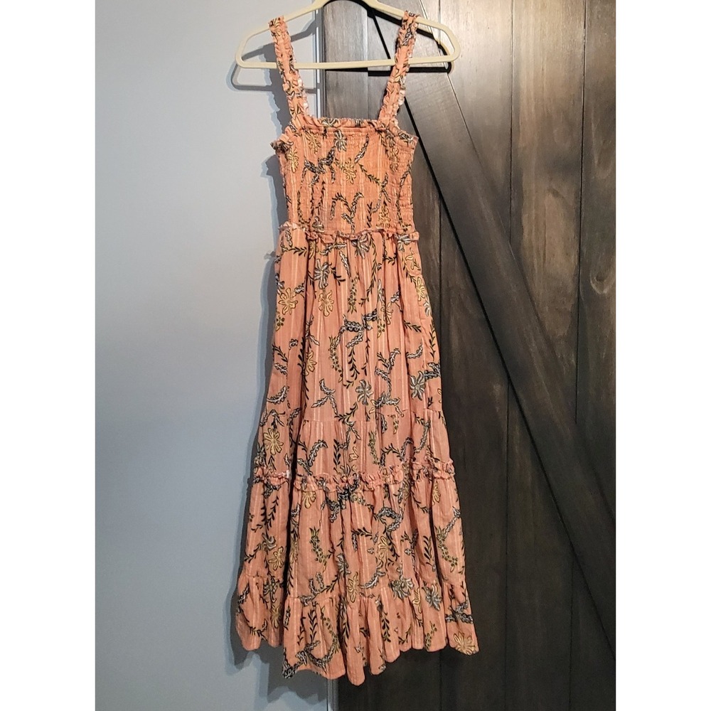 Joie Coastal Cowgirl Peach Floral Smocked Midi Dress Small Western Wedding Guest